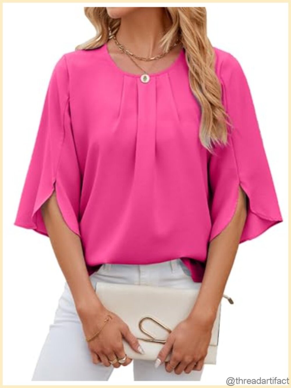 Womens Pleated Scoop Neck 3/4 Sleeve Chiffon Blouse - Office Work Tunic Top